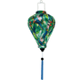 Balloon shape Vietnamese silk lantern with blue tassel and collage of parrots surrounded by leaves.