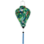 Balloon shape Vietnamese silk lantern with blue tassel and collage of parrots surrounded by leaves.