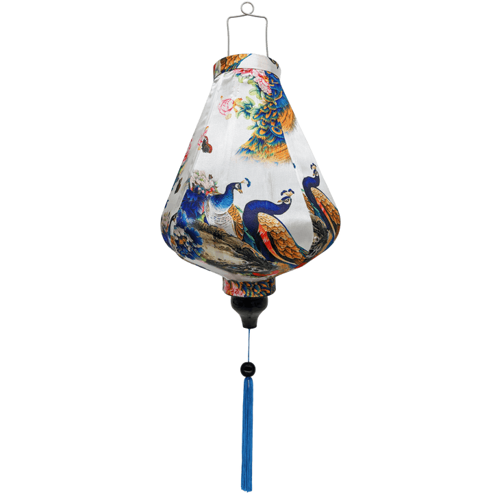 Teardrop shape lantern with blue tassel featuring large, flamboyant peacocks surrounded by red, blue, and pink flowers on a white background. 