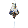 Teardrop shape lantern with blue tassel featuring large, flamboyant peacocks surrounded by red, blue, and pink flowers on a white background. 