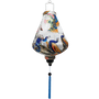 Teardrop shape lantern with blue tassel featuring large, flamboyant peacocks surrounded by red, blue, and pink flowers on a white background. 