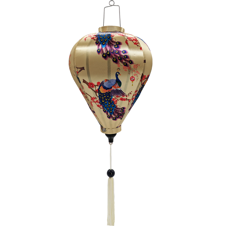 Balloon shaped lantern with white tassel and print of birds in flight, large flamboyant peacocks, dainty lanterns hanging on branches with pink and red flower blossoms on a cream background.