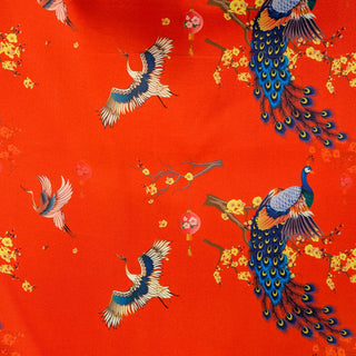 Peacocks and cranes on a red background
