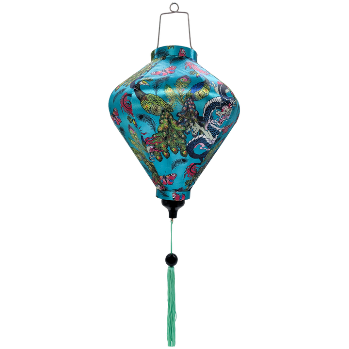 Diamond shape Vietnamese silk lantern This exquisite Hoi An Lantern, handcrafted in Vietnam, handmade from vibrant polyester silk and sturdy bamboo. Adorned with intricate prints of dragons, peacocks, and butterflies against a gorgeous blue background. Also available in red.
