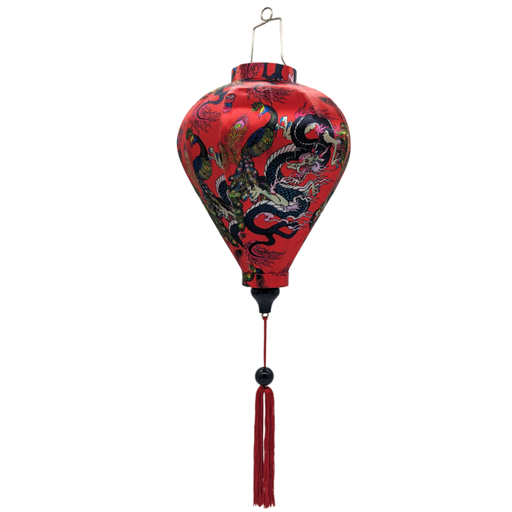 Balloon shaped lantern with red tassel adorned with intricate prints of dragons, peacocks, and butterflies against a striking red background.