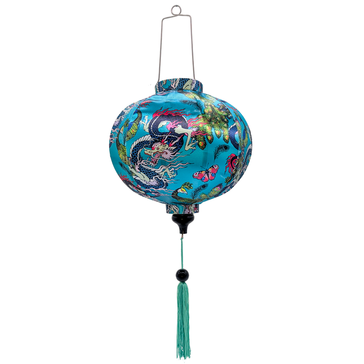 Round shape Vietnamese silk lantern handmade in Hoi An featuring peacocks, dragons and butterflies on blue.