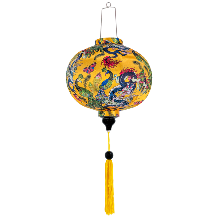Round silk lantern with dragon and peacock design on a yellow background with yellow tassel and round black bead