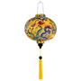 Round silk lantern with dragon and peacock design on a yellow background with yellow tassel and round black bead
