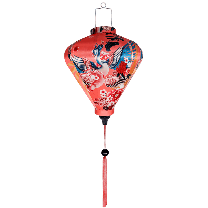 Diamond shape Vietnamese lantern with large phoenix bird rising with blue, gold, and pink wings.