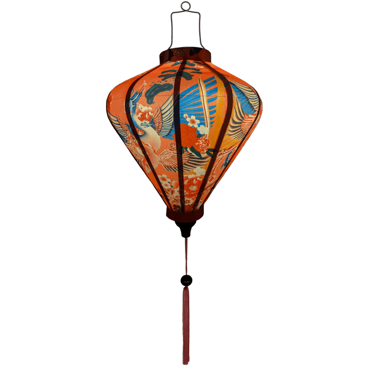 Glowing lantern with large phoenix bird rising with blue, gold, and pink wings.