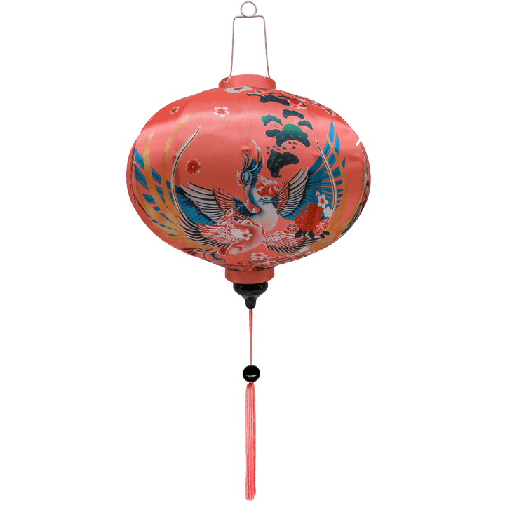 Round Vietnamese lantern with large phoenix bird rising with blue, gold, and pink wings.