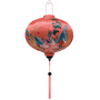 Round Vietnamese lantern with large phoenix bird rising with blue, gold, and pink wings.