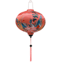 Round Vietnamese lantern with large phoenix bird rising with blue, gold, and pink wings.