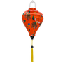 Balloon shape Vietnamese silk lantern with fabric featuring phoenix birds on bright orange background.