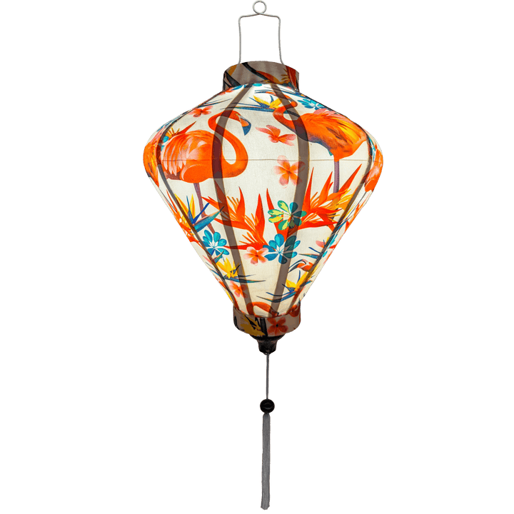 Glowing diamond shape silk lantern flamingos and bird of paradise flowers on a white background.