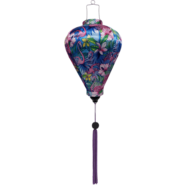 Balloon shaped Vietnamese lantern with  print of pink flamingos, hibiscus, and frangipani flowers on a blue background. 