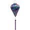 Balloon shaped Vietnamese lantern with  print of pink flamingos, hibiscus, and frangipani flowers on a blue background. 