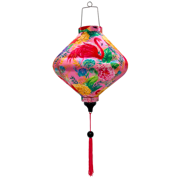 Lozenge shape lantern from Hoi An with tropical flamingo paradise print and pink tassel.