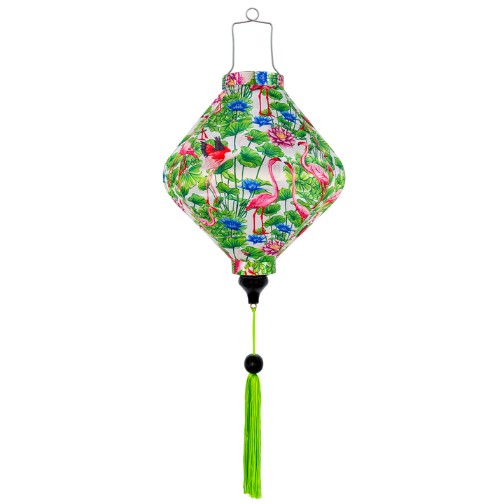 Hanging handmade Lozenge shaped lantern with flamingo and floral pattern on a white background with lime colour tassel