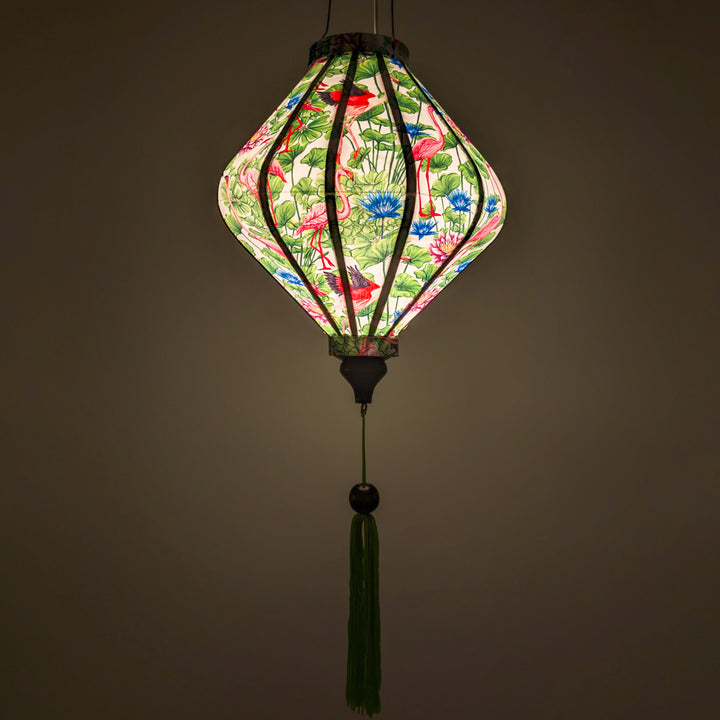 Glowing Lozenge shaped silk lantern with flamingo and floral design.