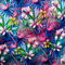 Polyester silk fabric with a print of pink flamingos, hibiscus, and frangipani flowers on a blue background. 