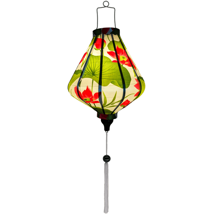 Glowing Vietnamese lantern with lotus flowers.