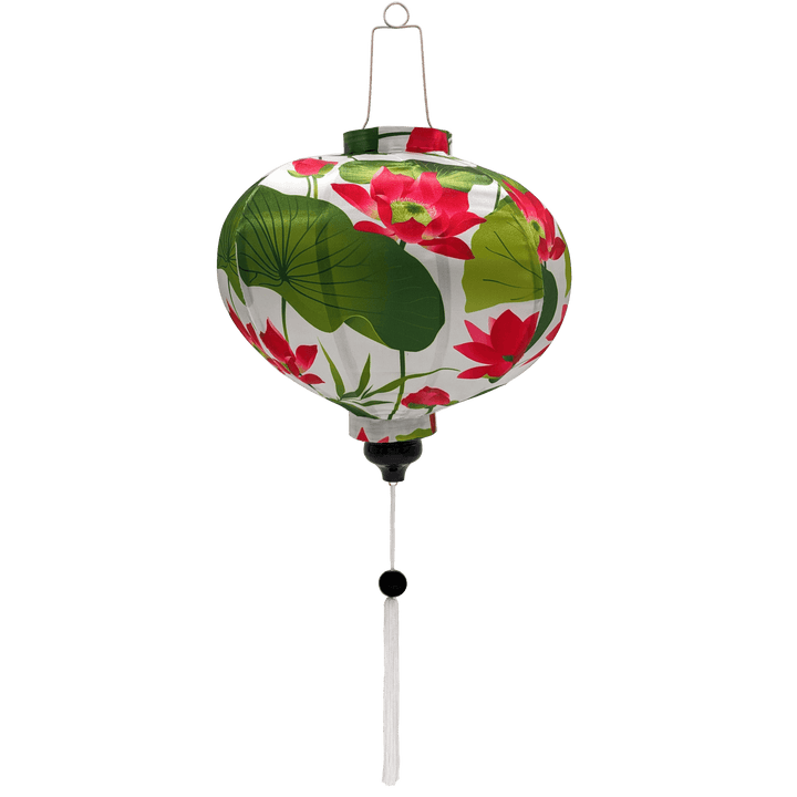 Round Vietnamese lantern with pink lotus flowers and white tassel for sale.