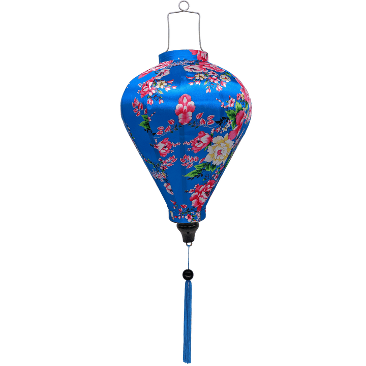 Balloon shaped Vietnamese lantern with pink and yellow roses on a light blue background.
