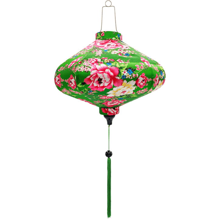 UFO shaped lantern with pink and yellow roses on green background.