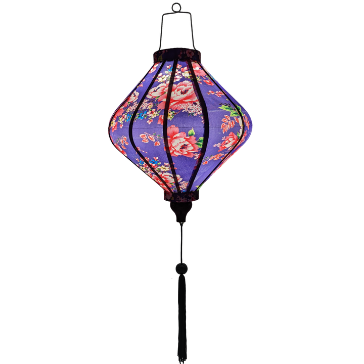 Romantic purple glowing Hoi An lantern with delicate pink roses, ideal for Asian-inspired decor and special occasions.
