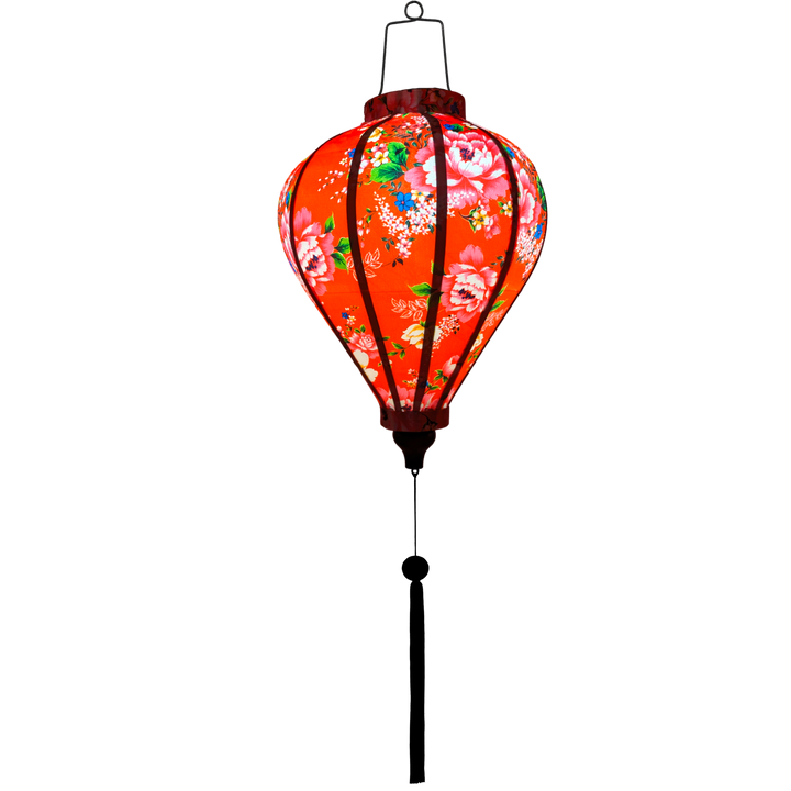 Glowing balloon shaped romantic red Hoi An lantern with delicate pink roses, ideal for Asian-inspired decor and special occasions.
