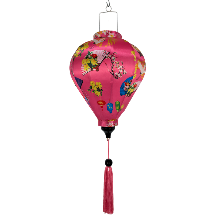 Balloon shaped pink lantern with floral and fan designs with matching pink tassel