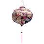 Round Vietamese silk lantern with a pink tassel and print of pink toucans on cream backdrop.