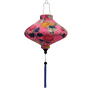UFO shaped Vietnamese lantern with blue tassel, cranes, pink and yellow chrysanthemum flowers on a pink background. 
