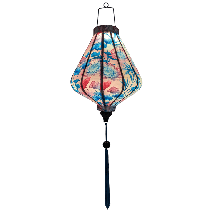 Glowing dreamy pink and blue-toned silk lantern, handmade in Hoi An for a soft, artistic ambiance indoors or outdoors.
