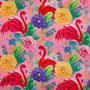 Tropical flamingo paradise print, with intricate floral details in shades of gold, purple featuring bold pink flamingos surrounded by lush tropical flowers and vibrant green leaves on a soft pink background.