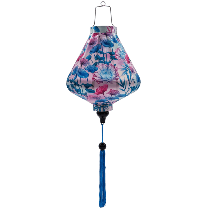 Teardrop shaped Vietnamese silk lantern in a mesmerizing blend of pink and blue hues, perfect for elegant lighting and decor.
