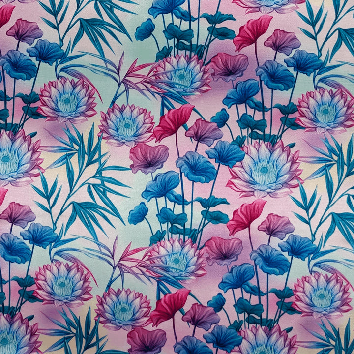 Polyester silk fabric for Vietnamese lanterns featuring a gradient of pink and blue tones, perfect for ambient home decor.
