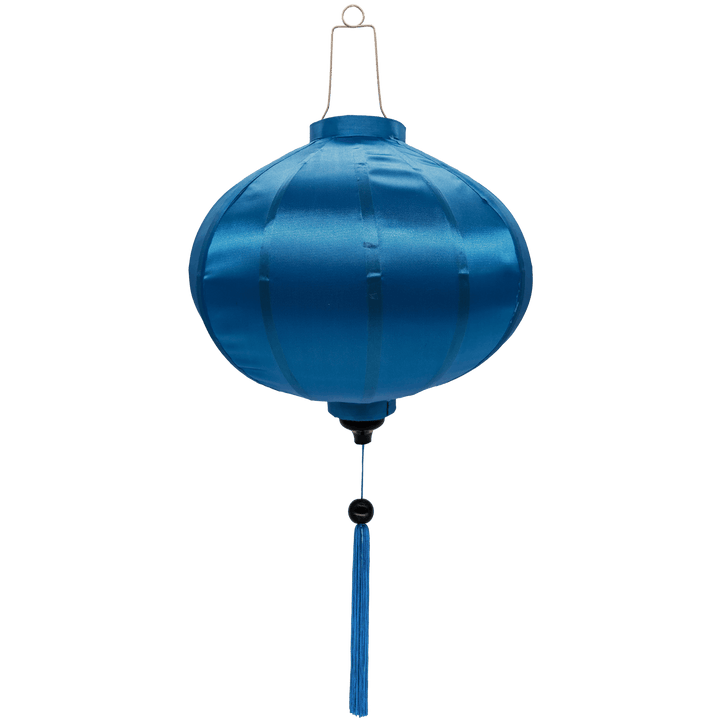 Round Vietnamese silk lantern in plain blue colour.
