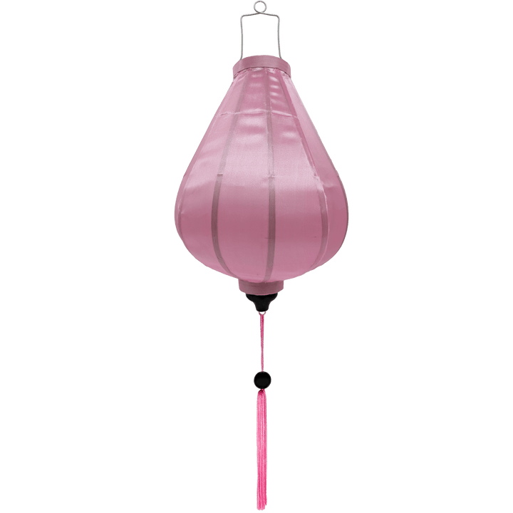 Garlic shape plain silk light pink Vietnamese Hoi An lantern for sale.