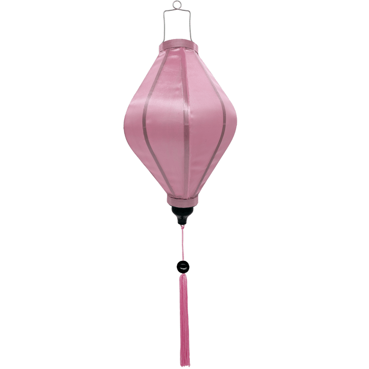 Tube shape silk lantern handmade using steel, bamboo and plain pink silk fabric with pink tassel for sale at our hoi an lantern shop.