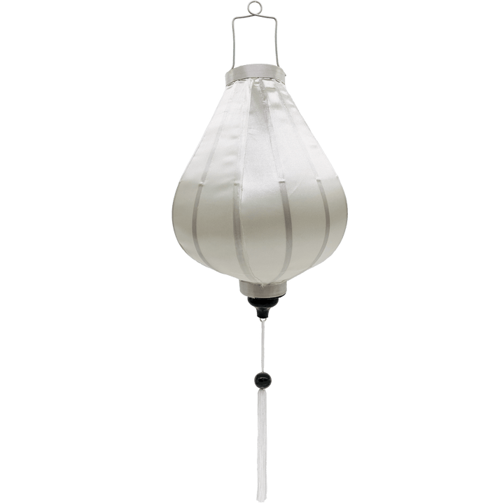 Garlic shape white plain silk Vietnamese lantern with white tassel.