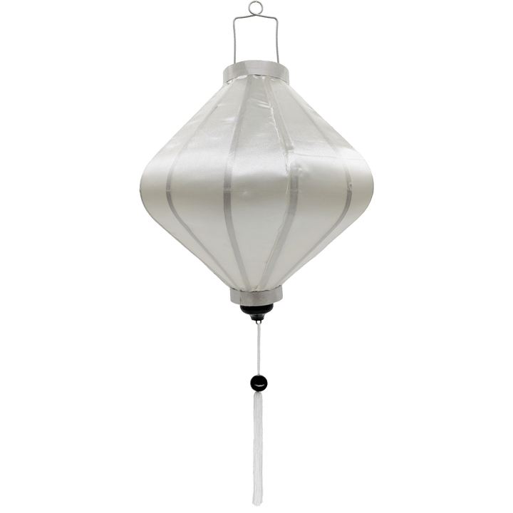 Lozenge shape white plain silk Vietnamese lantern with white tassel.
