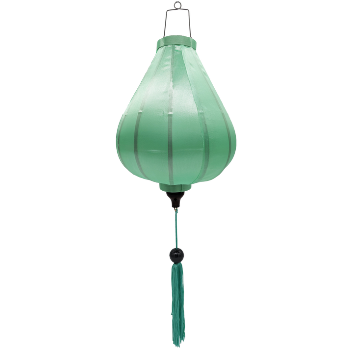 A mint green Garlic shaped Vietnamese silk lantern for sale.