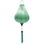 A mint green Garlic shaped Vietnamese silk lantern for sale.