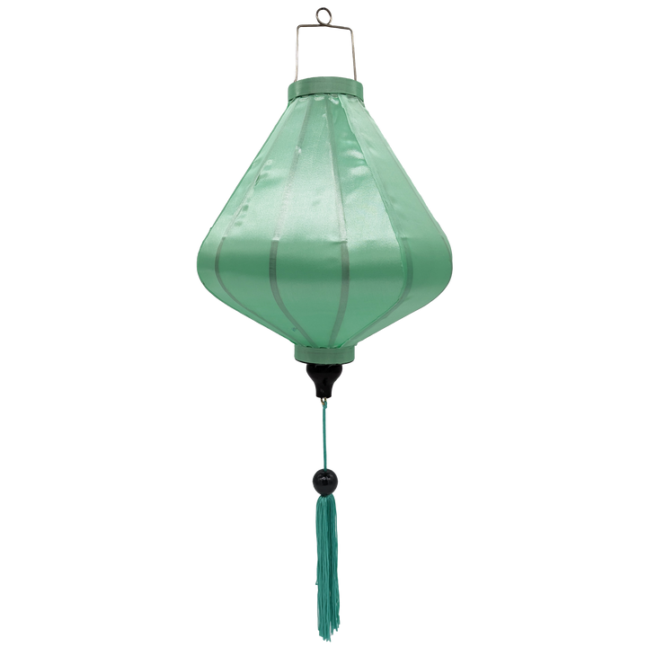 A mint green Teardrop shaped lantern with matching mint green tassel.