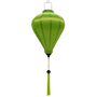 Vietnamese lantern made with steel, bamboo and neon green fabric in a balloon shape with tassel.