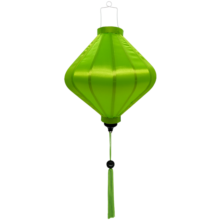 Lozenge shape Vietnamese lantern made with steel, bamboo and neon green fabric with tassel.