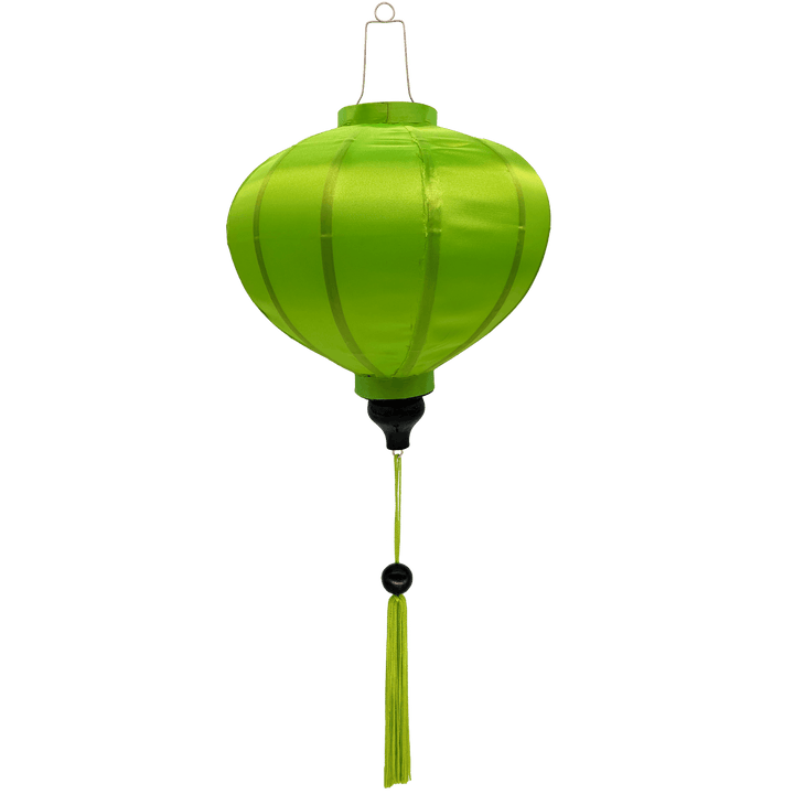 Round Vietnamese lantern made with steel, bamboo and neon green fabric with tassel.