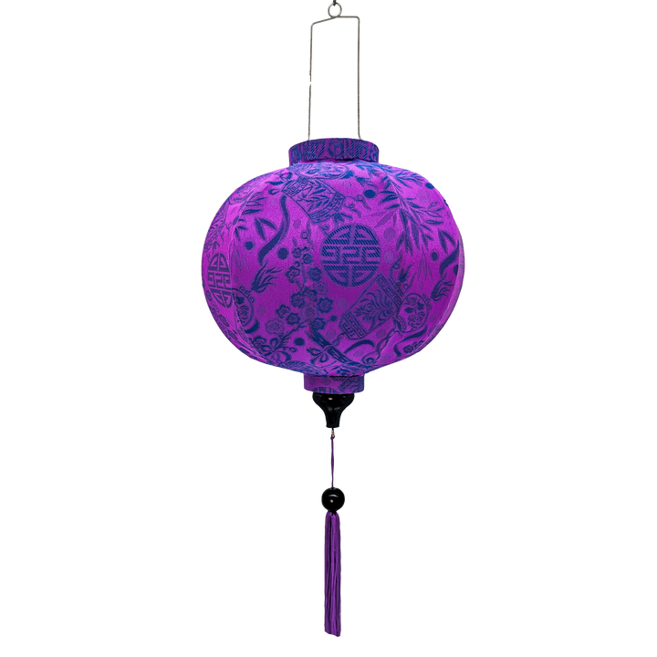 Round shape Vietnamese silk lantern handmade in Hoi An with bamboo, steel and purple jacquard silk fabric.
